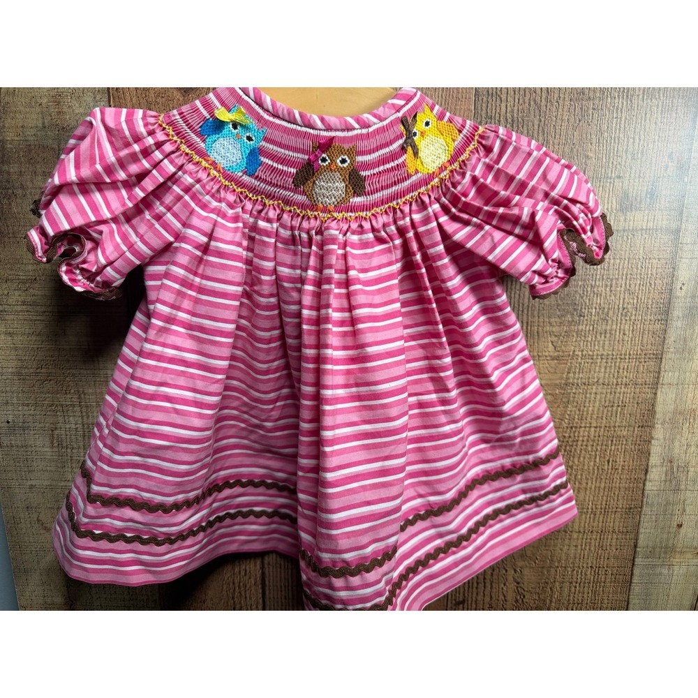 Boutique Girls Smocked Owl Pink Brown Dress 24 Months